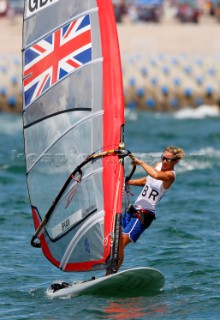 Qingdao, China, 20080811: 2008 OLYMPICS - third day of racing in the Olympic Sailing Event. Bryony Shaw (GBR) -  RS:X Class.  (no sale to Denmark)