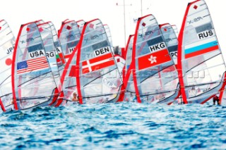 Qingdao, China, 20080811: 2008 OLYMPICS - third day of racing in the Olympic Sailing Event. Start of the second race for the women -  RS:X Class. Bettina Honore (DEN).  (no sale to Denmark)