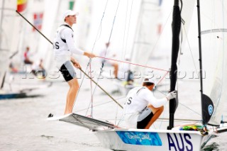 Qingdao, China, 20080813: 2008 OLYMPICS fifth day of racing in the Olympic Sailing Event. Nathan Outteridge/Ben Austin (AUS) -  49er Class (no sale to Denmark)