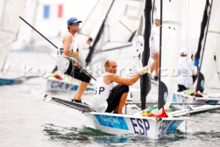 Qingdao, China, 20080813: 2008 OLYMPICS fifth day of racing in the Olympic Sailing Event. Iker Martinez/Xabier Fernandez (ESP) -  49er Class (no sale to Denmark)