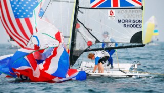 Qingdao, China, 20080813: 2008 OLYMPICS fifth day of racing in the Olympic Sailing Event. Stevie Morrison/Ben Rhodes (GBR) -  49er Class (no sale to Denmark)