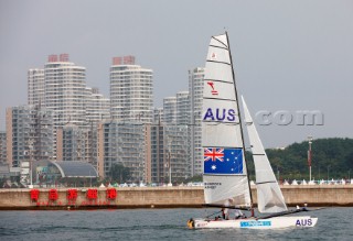 Qingdao, China, 20080813: 2008 OLYMPICS fifth day of racing in the Olympic Sailing Event. Darren Bundock/Glenn Ashby (AUS) -  49er Class (no sale to Denmark)