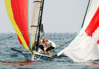 Qingdao, China, 20080813: 2008 OLYMPICS fifth day of racing in the Olympic Sailing Event. Iker Martinez/Xabier Fernandez (ESP) -  49er Class (no sale to Denmark)