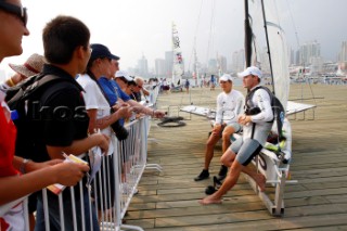 Qingdao, China, 20080813: 2008 OLYMPICS fifth day of racing in the Olympic Sailing Event. Nathan Outteridge/Ben Austin (AUS) -  49er Class (no sale to Denmark)