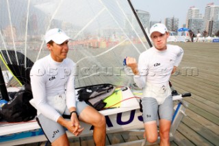 Qingdao, China, 20080813: 2008 OLYMPICS fifth day of racing in the Olympic Sailing Event. Nathan Outteridge/Ben Austin (AUS) -  49er Class (no sale to Denmark)