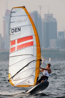 Qingdao, China, 20080815: 2008 OLYMPICS day 7 at the Olympic Sailing Regatta in Qingdao. RS:X ClassJonas Kaeldso (DEN) (no sale to Denmark)