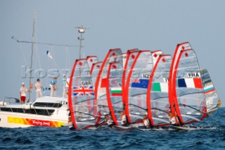 Qingdao, China, 20080815: 2008 OLYMPICS day 7 at the Olympic Sailing Regatta in Qingdao. RS:X ClassStart in todays race for the women (no sale to Denmark)