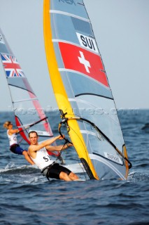 Qingdao, China, 20080815: 2008 OLYMPICS day 7 at the Olympic Sailing Regatta in Qingdao. RS:X ClassRichard Stauffacher (SUI) (no sale to Denmark)