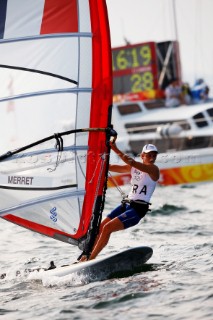 Qingdao, China, 20080815: 2008 OLYMPICS day 7 at the Olympic Sailing Regatta in Qingdao. RS:X ClassFaustine Merret (FRA) (no sale to Denmark)