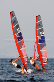 Qingdao, China, 20080815: 2008 OLYMPICS day 7 at the Olympic Sailing Regatta in Qingdao. RS:X ClassJessica Crisp (AUS) and Barbara Kendall (NZL) (no sale to Denmark)