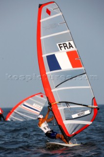 Qingdao, China, 20080815: 2008 OLYMPICS day 7 at the Olympic Sailing Regatta in Qingdao. RS:X ClassFaustine Merret (FRA) (no sale to Denmark)