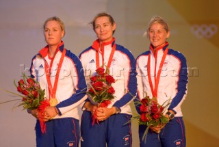 Qingdao (China) - 2008/08/17.  Olympic Games Yngling - Great Britain - Sarah Ayton, Sarah Webb and Pippa Wilson (Gold medal)