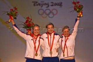 Qingdao (China) - 2008/08/17.  Olympic Games Yngling - Great Britain - Sarah Ayton, Sarah Webb and Pippa Wilson (Gold medal)