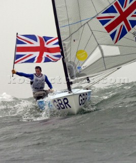 Paul Goodison wins Gold in Laser Class held aloft by team mates including Stephen Park team Manager and Ben Ainslie triple Gold winner (left) Olympics 2008 Qingdao