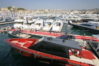 Superyachts and powerboats at the Cannes International Boat Show in South of France