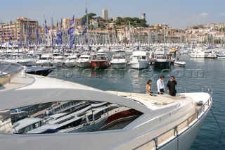 Superyachts and powerboats at the Cannes International Boat Show in South of France