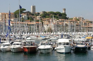 Superyachts and powerboats at the Cannes International Boat Show in South of France