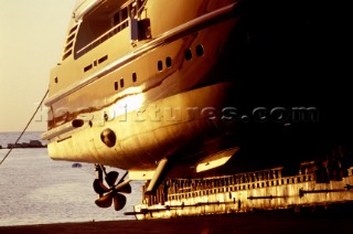 Lanscape of the build and launch party ceremony from a slipway of the red superyacht Elix