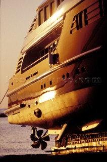 The build and launch party ceremony from a slipway of the red superyacht Elix