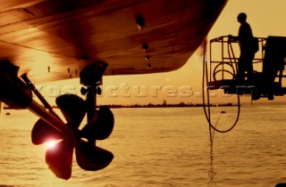 Lanscape of the build and launch party ceremony from a slipway of the red superyacht Elix