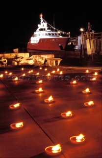 The build and launch party ceremony from a slipway of the red superyacht Elix