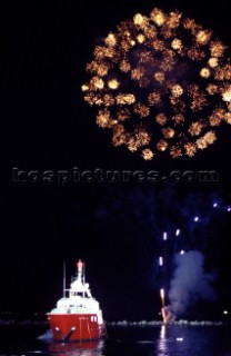 The build and launch party ceremony from a slipway of the red superyacht Elix