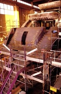 The build and launch party ceremony from a slipway of the red superyacht Elix