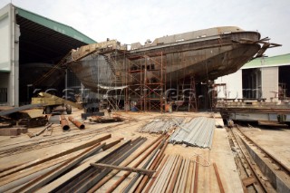 Yacht builders and skilled workers boatbuilding at the Cheoy Lee shipyard and boatbuilders in China