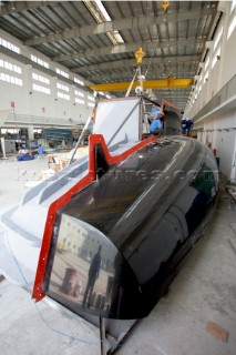 Yacht builders and skilled workers boatbuilding at the Hansheng shipyard and boatbuilders in China