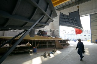 Yacht builders and skilled workers boatbuilding at the Hansheng shipyard and boatbuilders in China