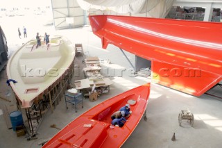 Yacht builders and skilled workers boatbuilding at the Hansheng shipyard and boatbuilders in China