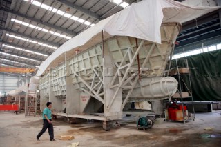 Yacht builders and skilled workers boatbuilding at the Jet tern shipyard and boatbuilders in China