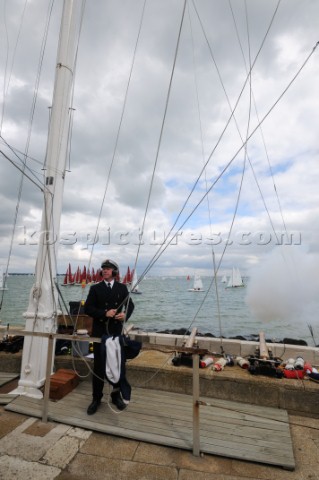 the squadron startline using cannons for starting signals sailing Cowes Week Isle of Wight