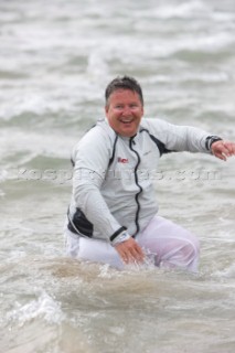 THE SOLENT, UK - August 31st: For a briefÊspellÊonce each summer on the lowest of spring tides, members of the Island Sailing Club and Royal Southern Yacht Club sail outÊto The Brambles sand bank in the middle of The Solent andÊplay cricket, before the tide rushes back in one hour later.ÊThe fixture was first started in the 1950Õs by the late Uffa Fox, a sailing companion of the Duke of Edinburgh, the Royal Southern and the Island Sailing Club compete every year. As soon as the sandbank appears the stumps are put up and the match gets under way. Many of the competitors dress all in cricket whites and ÔThe Bramble InnÕ is erected to serve drinks to spectators. The Bramble Inn is one of the most bizarre pubs in England: it is in the middle of the sea and exists only for about an hour each year.