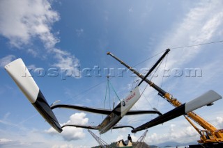 ANACORTES, USA - September 1st: The new BMW Oracle trimaran commissioned by Larry Ellyson and helmed and skippered by Russell Coutts touches the water and undergoes preliminary sailing trials following its build in total secrecy in a shipyard in Anacortes, USA. The yacht is 90ft long and 90ft wide with a mast of 158ft. It has been built to race the Swiss defender Alinghi in the 33rd Americas Cup. It is probably the fastest and most powerful multihull ever built.