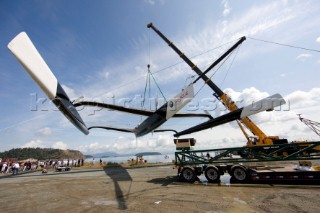 ANACORTES, USA - September 1st: The new BMW Oracle trimaran commissioned by Larry Ellyson and helmed and skippered by Russell Coutts touches the water and undergoes preliminary sailing trials following its build in total secrecy in a shipyard in Anacortes, USA. The yacht is 90ft long and 90ft wide with a mast of 158ft. It has been built to race the Swiss defender Alinghi in the 33rd Americas Cup. It is probably the fastest and most powerful multihull ever built.