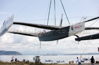 ANACORTES, USA - September 1st: The new BMW Oracle trimaran commissioned by Larry Ellyson and helmed and skippered by Russell Coutts touches the water and undergoes preliminary sailing trials following its build in total secrecy in a shipyard in Anacortes, USA. The yacht is 90ft long and 90ft wide with a mast of 158ft. It has been built to race the Swiss defender Alinghi in the 33rd Americas Cup. It is probably the fastest and most powerful multihull ever built.