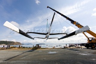 ANACORTES, USA - September 1st: The new BMW Oracle trimaran commissioned by Larry Ellyson and helmed and skippered by Russell Coutts touches the water and undergoes preliminary sailing trials following its build in total secrecy in a shipyard in Anacortes, USA. The yacht is 90ft long and 90ft wide with a mast of 158ft. It has been built to race the Swiss defender Alinghi in the 33rd Americas Cup. It is probably the fastest and most powerful multihull ever built.