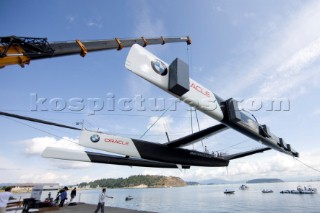 ANACORTES, USA - September 1st: The new BMW Oracle trimaran commissioned by Larry Ellyson and helmed and skippered by Russell Coutts touches the water and undergoes preliminary sailing trials following its build in total secrecy in a shipyard in Anacortes, USA. The yacht is 90ft long and 90ft wide with a mast of 158ft. It has been built to race the Swiss defender Alinghi in the 33rd Americas Cup. It is probably the fastest and most powerful multihull ever built.