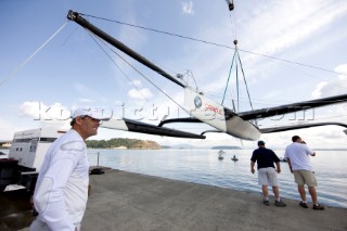 ANACORTES, USA - September 1st: The new BMW Oracle trimaran commissioned by Larry Ellyson and helmed and skippered by Russell Coutts touches the water and undergoes preliminary sailing trials following its build in total secrecy in a shipyard in Anacortes, USA. The yacht is 90ft long and 90ft wide with a mast of 158ft. It has been built to race the Swiss defender Alinghi in the 33rd Americas Cup. It is probably the fastest and most powerful multihull ever built.