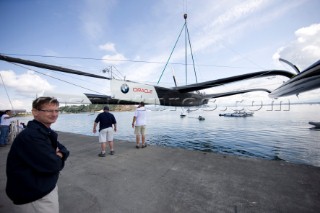 ANACORTES, USA - September 1st: The new BMW Oracle trimaran commissioned by Larry Ellyson and helmed and skippered by Russell Coutts touches the water and undergoes preliminary sailing trials following its build in total secrecy in a shipyard in Anacortes, USA. The yacht is 90ft long and 90ft wide with a mast of 158ft. It has been built to race the Swiss defender Alinghi in the 33rd Americas Cup. It is probably the fastest and most powerful multihull ever built.