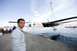 ANACORTES, USA - September 1st: The new BMW Oracle trimaran commissioned by Larry Ellyson and helmed and skippered by Russell Coutts touches the water and undergoes preliminary sailing trials following its build in total secrecy in a shipyard in Anacortes, USA. The yacht is 90ft long and 90ft wide with a mast of 158ft. It has been built to race the Swiss defender Alinghi in the 33rd Americas Cup. It is probably the fastest and most powerful multihull ever built.