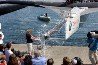 ANACORTES, USA - September 1st: The new BMW Oracle trimaran commissioned by Larry Ellyson and helmed and skippered by Russell Coutts touches the water and undergoes preliminary sailing trials following its build in total secrecy in a shipyard in Anacortes, USA. The yacht is 90ft long and 90ft wide with a mast of 158ft. It has been built to race the Swiss defender Alinghi in the 33rd Americas Cup. It is probably the fastest and most powerful multihull ever built.