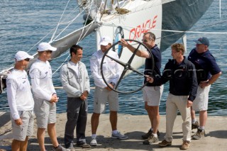 ANACORTES, USA - September 1st: The new BMW Oracle trimaran commissioned by Larry Ellyson and helmed and skippered by Russell Coutts touches the water and undergoes preliminary sailing trials following its build in total secrecy in a shipyard in Anacortes, USA. The yacht is 90ft long and 90ft wide with a mast of 158ft. It has been built to race the Swiss defender Alinghi in the 33rd Americas Cup. It is probably the fastest and most powerful multihull ever built.