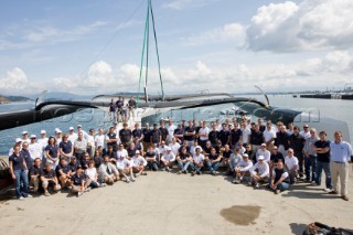 ANACORTES, USA - September 1st: The new BMW Oracle trimaran commissioned by Larry Ellyson and helmed and skippered by Russell Coutts touches the water and undergoes preliminary sailing trials following its build in total secrecy in a shipyard in Anacortes, USA. The yacht is 90ft long and 90ft wide with a mast of 158ft. It has been built to race the Swiss defender Alinghi in the 33rd Americas Cup. It is probably the fastest and most powerful multihull ever built.