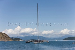 ANACORTES, USA - September 1st: The new BMW Oracle trimaran commissioned by Larry Ellyson and helmed and skippered by Russell Coutts touches the water and undergoes preliminary sailing trials following its build in total secrecy in a shipyard in Anacortes, USA. The yacht is 90ft long and 90ft wide with a mast of 158ft. It has been built to race the Swiss defender Alinghi in the 33rd Americas Cup. It is probably the fastest and most powerful multihull ever built.