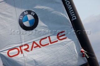 ANACORTES, USA - September 1st: The new BMW Oracle trimaran commissioned by Larry Ellyson and helmed and skippered by Russell Coutts touches the water and undergoes preliminary sailing trials following its build in total secrecy in a shipyard in Anacortes, USA. The yacht is 90ft long and 90ft wide with a mast of 158ft. It has been built to race the Swiss defender Alinghi in the 33rd Americas Cup. It is probably the fastest and most powerful multihull ever built.