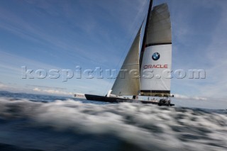 ANACORTES, USA - September 1st: The new BMW Oracle trimaran commissioned by Larry Ellyson and helmed and skippered by Russell Coutts touches the water and undergoes preliminary sailing trials following its build in total secrecy in a shipyard in Anacortes, USA. The yacht is 90ft long and 90ft wide with a mast of 158ft. It has been built to race the Swiss defender Alinghi in the 33rd Americas Cup. It is probably the fastest and most powerful multihull ever built.