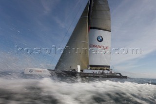 ANACORTES, USA - September 1st: The new BMW Oracle trimaran commissioned by Larry Ellyson and helmed and skippered by Russell Coutts touches the water and undergoes preliminary sailing trials following its build in total secrecy in a shipyard in Anacortes, USA. The yacht is 90ft long and 90ft wide with a mast of 158ft. It has been built to race the Swiss defender Alinghi in the 33rd Americas Cup. It is probably the fastest and most powerful multihull ever built.