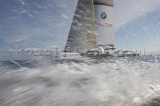 ANACORTES, USA - September 1st: The new BMW Oracle trimaran commissioned by Larry Ellyson and helmed and skippered by Russell Coutts touches the water and undergoes preliminary sailing trials following its build in total secrecy in a shipyard in Anacortes, USA. The yacht is 90ft long and 90ft wide with a mast of 158ft. It has been built to race the Swiss defender Alinghi in the 33rd Americas Cup. It is probably the fastest and most powerful multihull ever built.